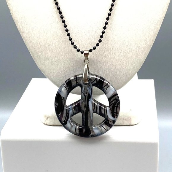 Dichroic Art Glass Peace Sign Pendant, Black White and Silver Swirl on Black - Picture 3 of 7